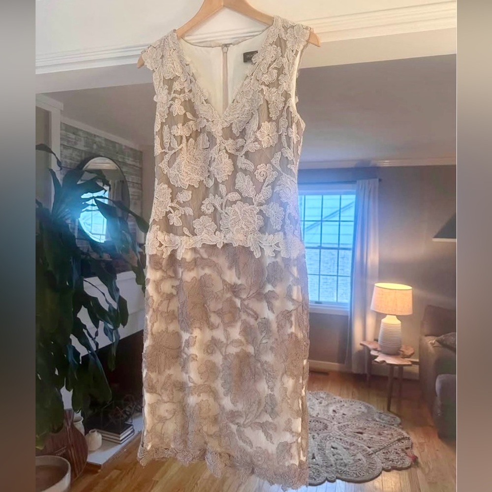 Tadashi Shoji Sano Embroidered Lace Lattice Pumice Contrast Dress